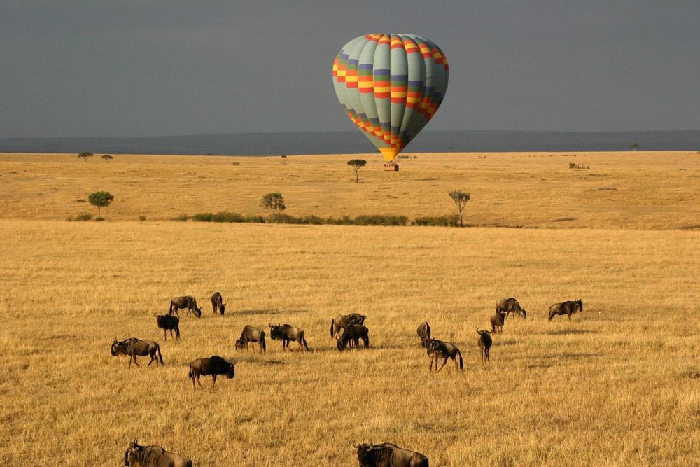 marriagie proposal in hot air balloon flying over Masai Mara