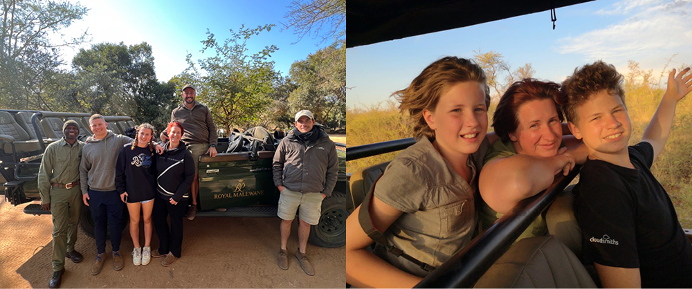 Liesl Matthews enjoying a family safari with her children and safari guides in South Africa.