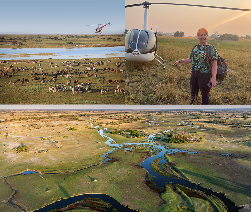 Scenic helicopter flight over Botswana's Okavango Delta with aerial views of wetlands, wildlife and Liesl Matthews beside a helicopter.