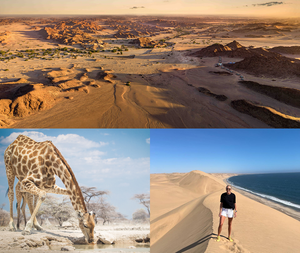 Camille Rowe standing on the dunes overlooking Namibia's desert landscape and Atlantic coast, with a giraffe and aerial view of the Namib Desert.