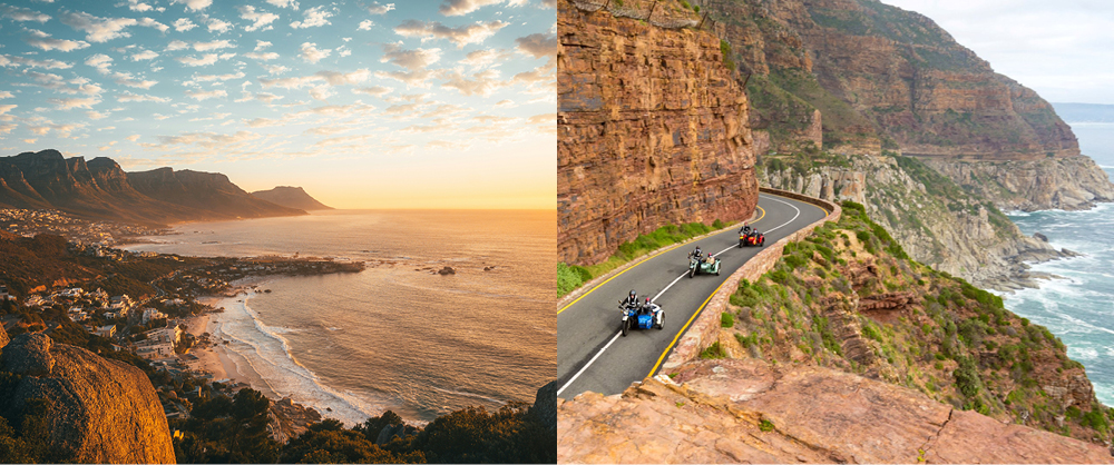 Vintage sidecars driving along Cape Town’s Atlantic coast near sunset