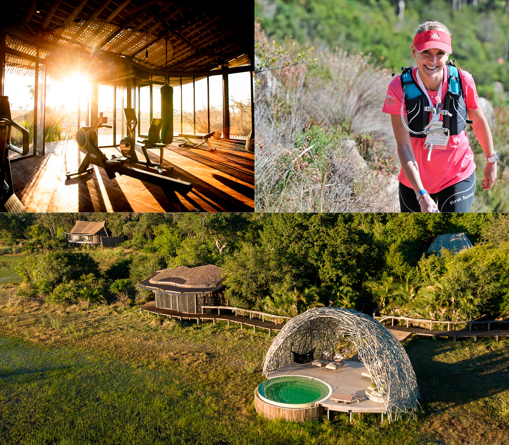 Jao Camp gym and spa in Botswana's Okavango Delta, with Camille Rowe running on safari.