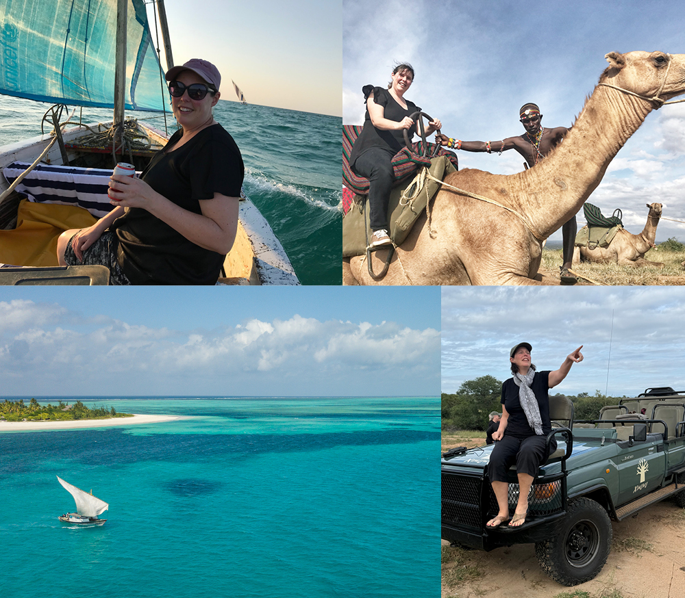 Collage of African travel experiences including a dhow boat, camel ride and tropical Indian Ocean coastline